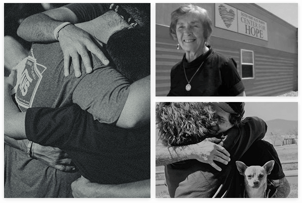 collage of people hugging with sister Murphy smiling
